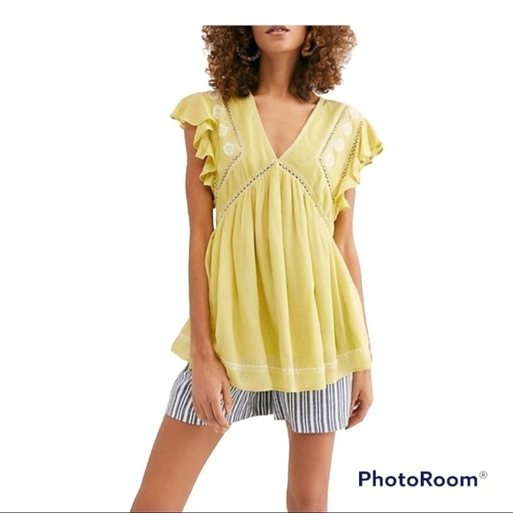 Free People Falling Water Boho Tunic in Citron Yellow Lined Pockets Embr… - Picture 11 of 11